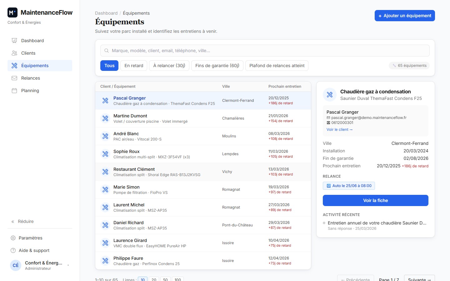 Liste des équipements MaintenanceFlow : prochain entretien, retard, fin de garantie par client