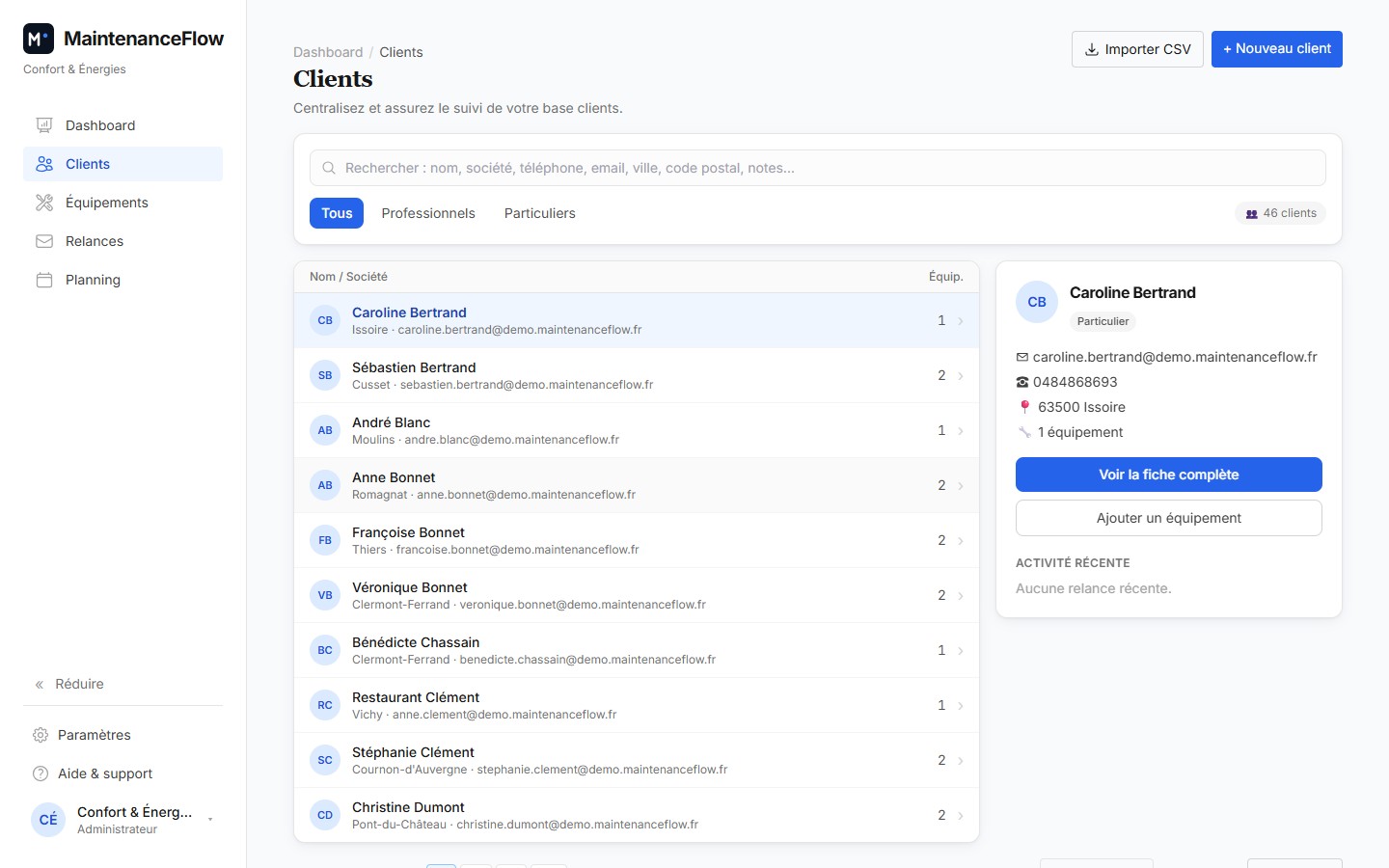 Parc installé : fiches clients et équipements